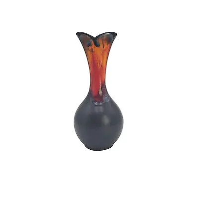 VTG Haeger MCM Matte Black Red Orange Lava Drip Glaze 8.5  Pottery Bulb Vase • $57.80