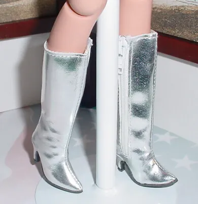 Doll Shoes Custom 50mm Zip Knee Boots For Ellowyne - Metallic Silver • $11.99