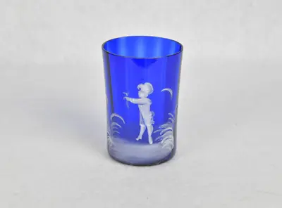 Mary Gregory Bohemian Engraved Cobalt Blue Glass Tumbler Boy 4  (EB9729) • $34.99