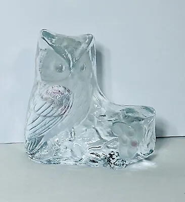 Viking Glass Clear Owl Figurine Bookend Paperweight Art Glass Owl On A Log 5” • $22