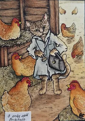 Aceo Original Detailed Art Card. Signed HF. Aesop Fable. The Cat And The Hens. • £68