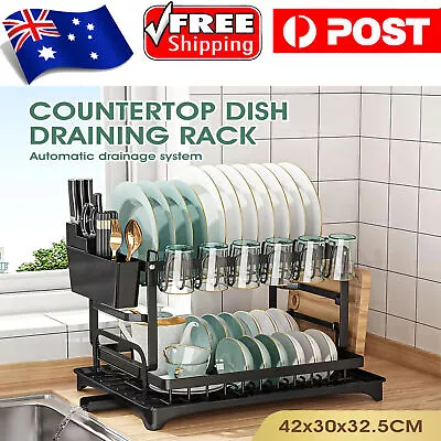 2 Tiers Kitchen Dish Drying Rack Cup Dish Drainer Plate Tray Holder Organizer AU • $36.99