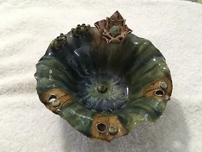 Vintage Majolica Two Frog Green Gloss Glaze Lily Pad Pedestal Bowl Water Lily • $29