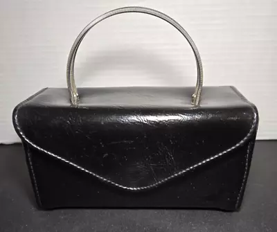 Vintage Rectangular Black Clutch With Metal Handles Snap Closure • $19.98