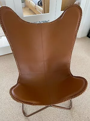 Butterfly Accent Chair Tan Real Leather Seat BKF Style Metal Base • £50