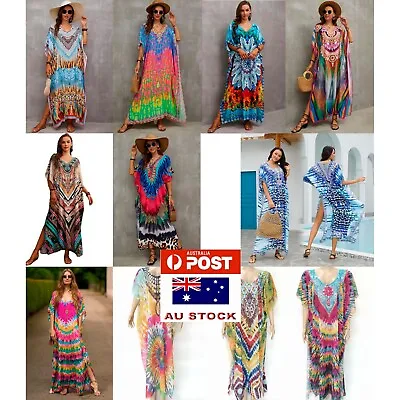 Women's Long Maxi Embellished Summer Boho Kaftan Loose Dress Large Plus Size • $34.50