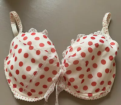 M&S Ceriso Lingerie Full Cup Underwire Bra White With Red Dots 30F 1950's Vibe • £6