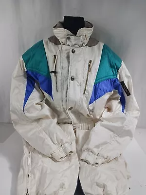 Vintage 80s Descente White Blue & Teal Colorblock One Piece Ski Suit Men's L • $115