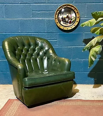 Vintage HARRODS Bottle Green Leather Chesterfield Barrel Back Lounge Club Chair • £279.99