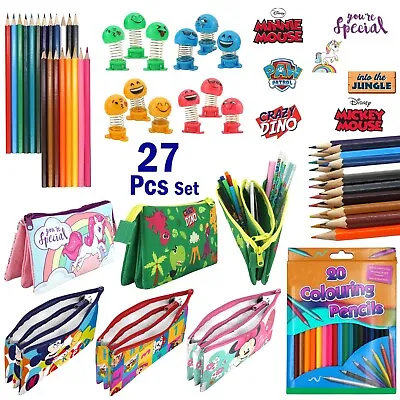 27Pcs School StationeryColour Pencils3 Pocket Pencil CaseEmoji Spring Toppers • £12.95