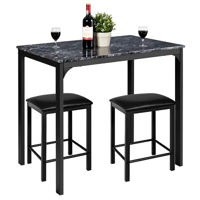 3 Piece Counter Height Dining Set Faux Marble Table 2 Chairs Kitchen Bar Black • $99.99