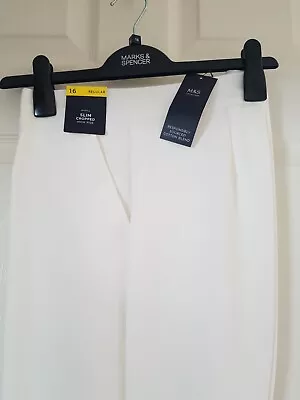 NEW M&S Slim Cropped High Rise Smart Dressy Trousers Summer Sz 16R Off White  • £16.99