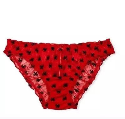 Victoria's Secret Red Black Flocked Bows Cheekini Panties Ruffles Sheer Bow Back • $24.23