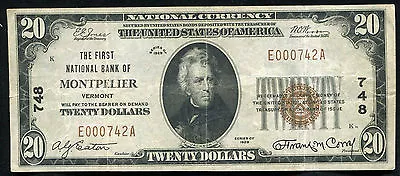 1929 $20 The First National Bank Of Montpelier Vt National Currency Ch. #748 • $299.95