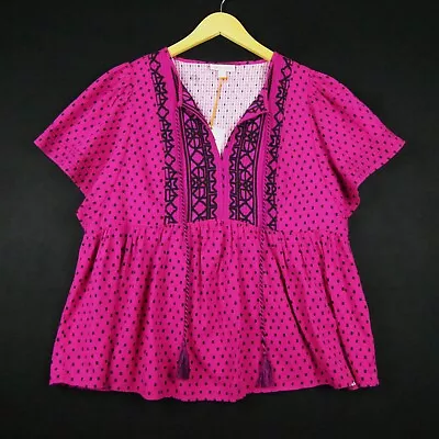 Knox Rose Top Womens Sz L Peasant Blouse Short Sleeve Peplum Hot Pink Barbie NEW • £11.34