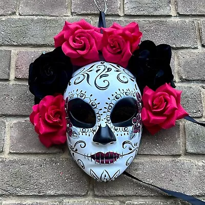 Red & Black Day Of The Dead Sugar Skull Mask Fancy Dress Floral Face Mask • £18.99