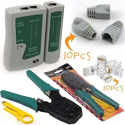 RJ45 Network Cable Tester Connectors Boots Crimping Crimper Stripper Multi Kit • £11.95