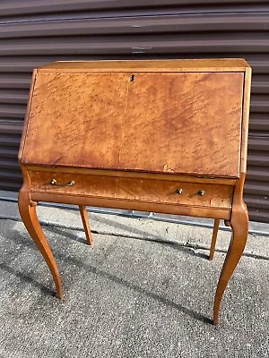 Antique Birdseye Maple Drop Front Brass Gallery Secretary Writing Desk 28  • $399.99