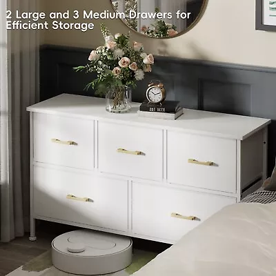 Dresser For Bedroom With 5 Drawers TV Stand Leather Finish Wood Top White • $69.99