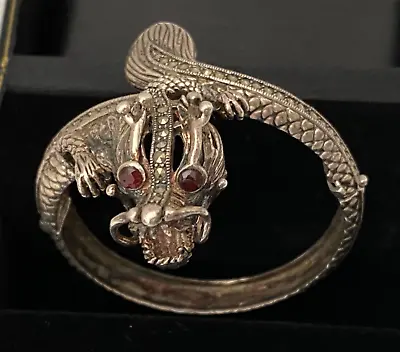 VINTAGE HEAVY STERLING SILVER DRAGON HINGED BRACELET MARCASITE With GARNET EYES • $307