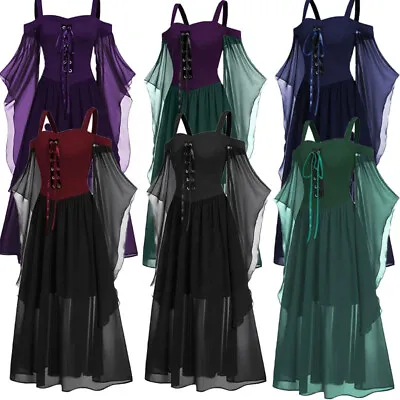 US Womens Renaissance Medieval Costume Flare Sleeve Steampunk Corset Maxi Dress • $21.61