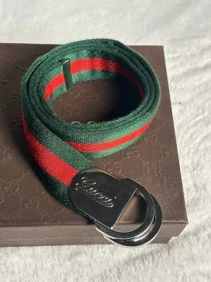 GUCCI OLD Logo Web Stripe Belt Green Red Silver Canvas Italy Authentic 38 • $225
