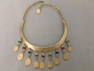 Vintage 70s Etruscan Egyptian Revival Gold Tone Faux Stone Bib Choker Necklace • $65