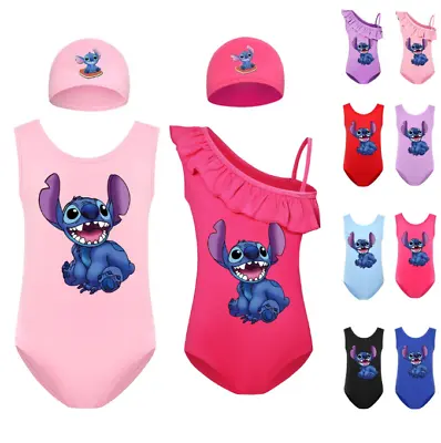 Kids Girls Lilo&Stitch Swimwear Swimming Costume Swimsuit Bikini Hat Beach Gift • £7.29