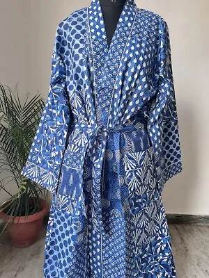 Indian Blue Patchwork Print Cotton Robe Long Kimono Sleepwear Night Suit Kimono • $26.11