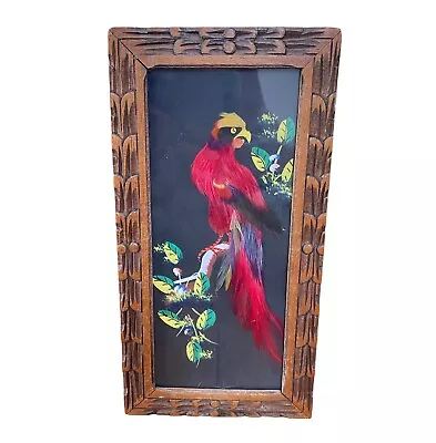 Vintage Mexican Feather Craft Folk Art Bird Picture Carved Wooden Picture Frame • $24