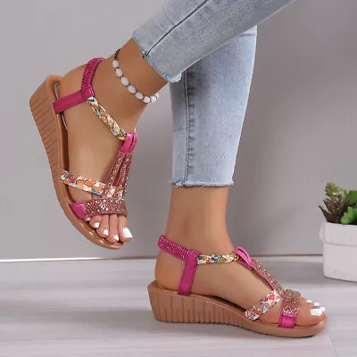 Womens Strappy Sandals Elastic Comfy Ladies Summer Open Toes Bling Shoes Size • £10.88