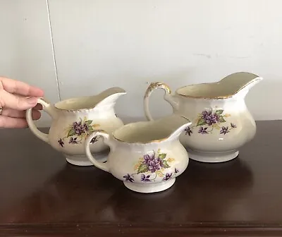 Grindley Cream Petal Set Of 3 Jugs- Vintage - Purple Pansies • $85