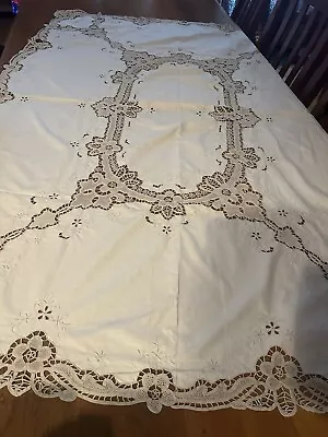 Vintage Beige Tablecloth 6 Seat Rectangle VGC With Lace Inserts & Crochet • $25