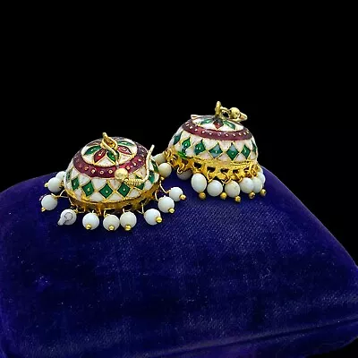 Antique Vintage Art Nouveau 14k Gold Plated Mughal Glass Wedding Earrings 10.2g • $75