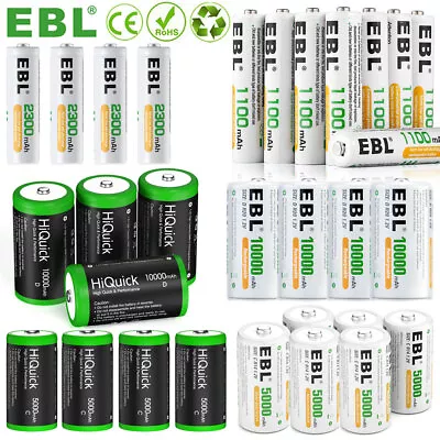EBL AA AAA C D Cell Size Rechargeable Batteries 2800/5000/10000mAh Ni-MH Lot • $12.59