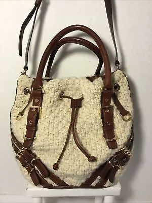 Vintage Michael Kors MILO Woven Cream Braided Wool Leather Satchel Handbag TOTE • $159