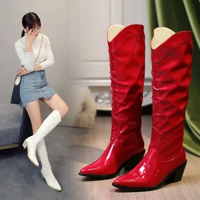 $50.33 • Buy Women Chunky Heel Pull On Boots Cowboy Pointed Toe Faux Leather Knee High Boots