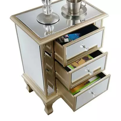 Gold Coast Vineyard 3 Drawer Mirrored End Table In White Wood And Mirrored Glass • $196.87