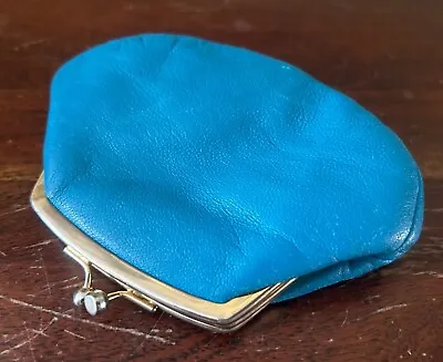 Vintage Ladies’ Turquoise Leather Change Coin Purse Double Kisslock Frame 1970s  • $10