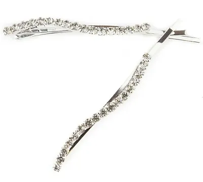 £3.45 • Buy 2 PCs Silver Crystal Diamante Bobby Pins Hair Clips Slide  Grip Wavy Design