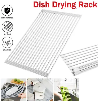 Dish Rack Drying Drainer Over Sink Stainless Steel Rack Roll Up Foldable Kitchen • $27.49