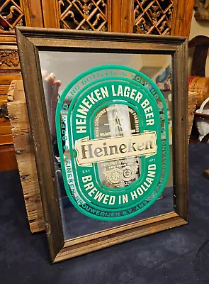 Vtg Heineken Lager Beer Holland Wood Framed Glass Mirror Bar Pub Sign 13.5x10.75 • $30