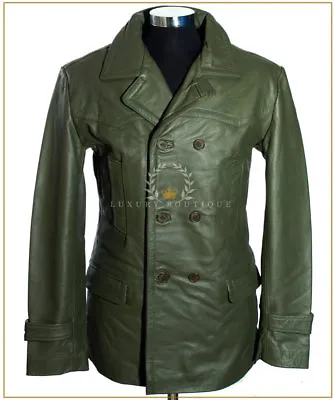 Kriegsmarine Army Green Men's German WW2 Cowhide Leather Deck Jacket Pea Coat • $161.62