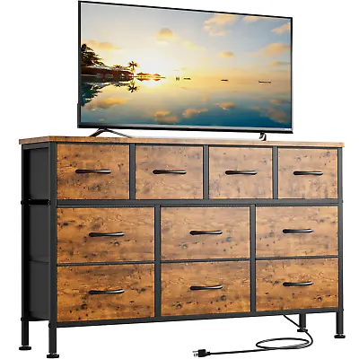 10 Drawer Dresser 43  TV Stand With Power Outlet Chest Of Drawers Storage Brown • $89.99