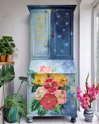 £375 • Buy Painted Bureau CABINET Sideboard Funky SHABBY CHIC Vintage Desk Blue Yellow Tall