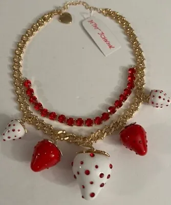 $148 BETSEY JOHNSON Crystal Rose Enamel 3D Strawberry Pendant Necklace Babycakes • $79.99