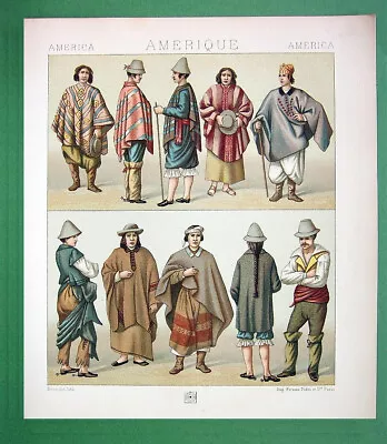 CHILE Costume Fashion Of Indians Natives Ponchos - COLOR Print By Racinet • £18.98