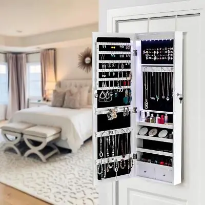 Wall Door Mounted Mirror Jewelry Cabinet Lockable Armoire Organizer W/ LED Light • $71.99