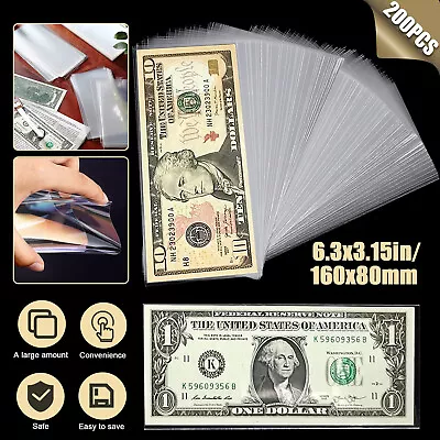 200 PCS Currency Soft Sleeves Holder Storage US Note Bill Paper Money Protector • $10.48