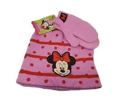 Disney Minnie Mouse  Hat Cap And Mittens Set Pink Beanie Ages 2-7 • $9.99